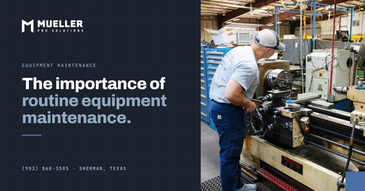 Mueller Pro Solutions machinist working at a manual lathe in the Sherman, TX machine shop