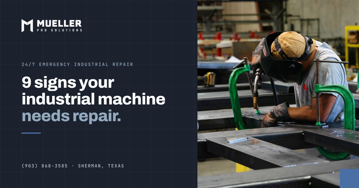 Mueller Pro Solutions technician working on a part at a shop bench beside a Fadal machining center in Sherman, TX
